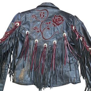 Gypsy Leather biker jacket Womens Sz 12 fringe rose authentic Made in USA EUC